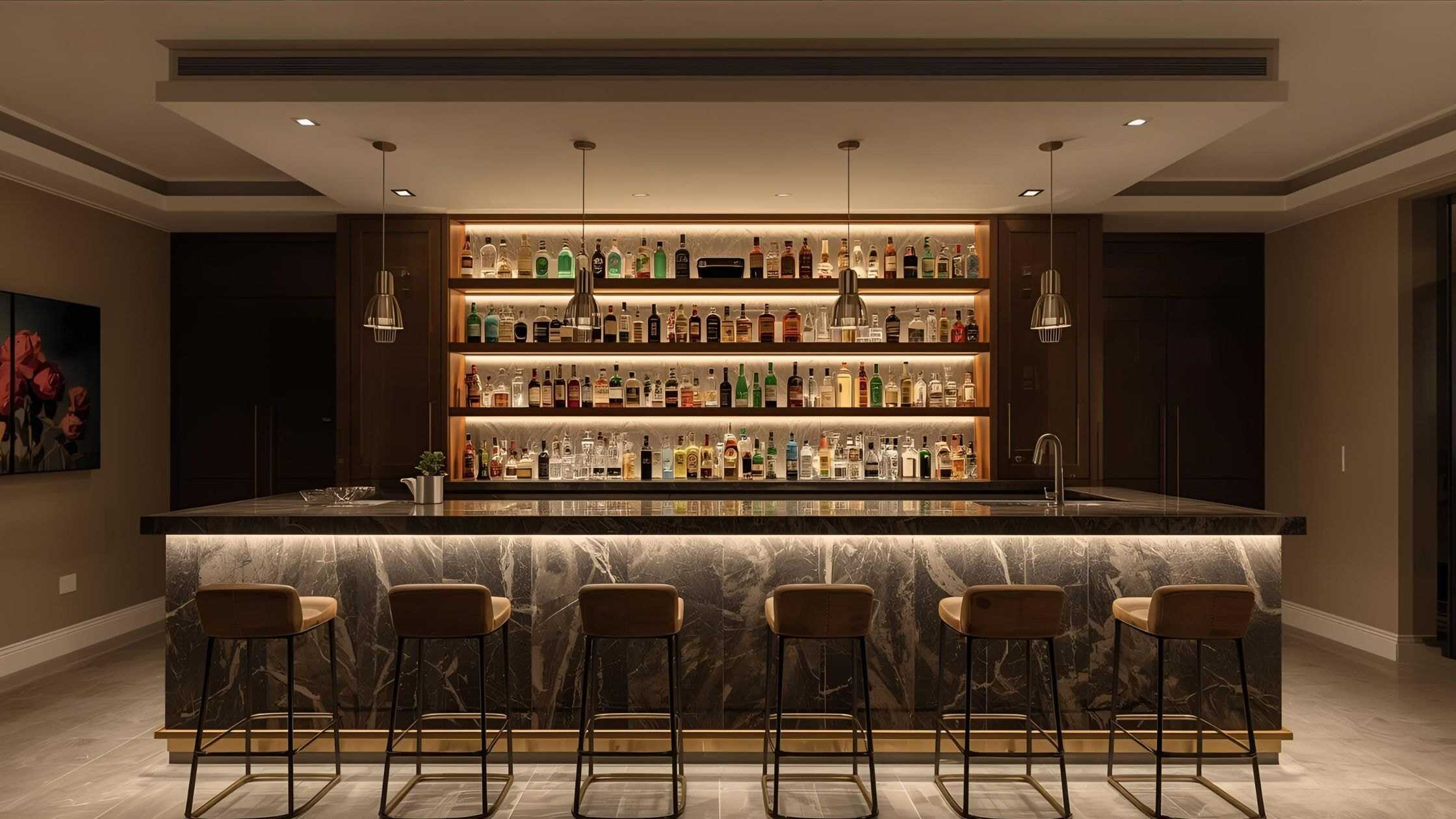 Stylish home bar with illuminated shelves and marble countertop for entertaining guests.