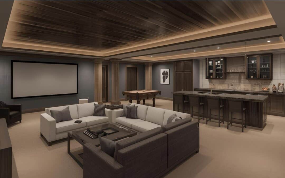Elegant home theater with comfortable seating and large screen for immersive viewing.