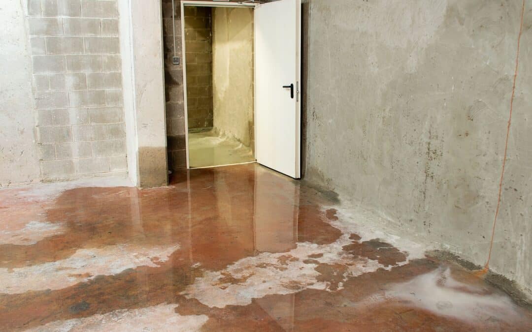 Interior construction site with unfinished walls and wet concrete floor.