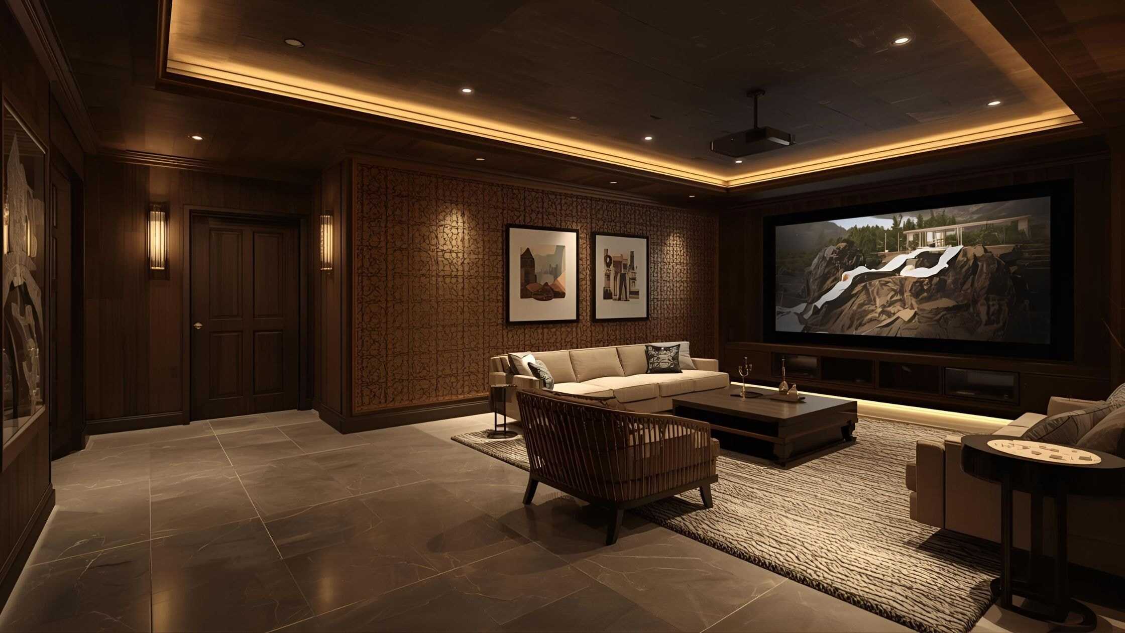 Luxurious home theater with comfortable seating and large screen for movie nights.