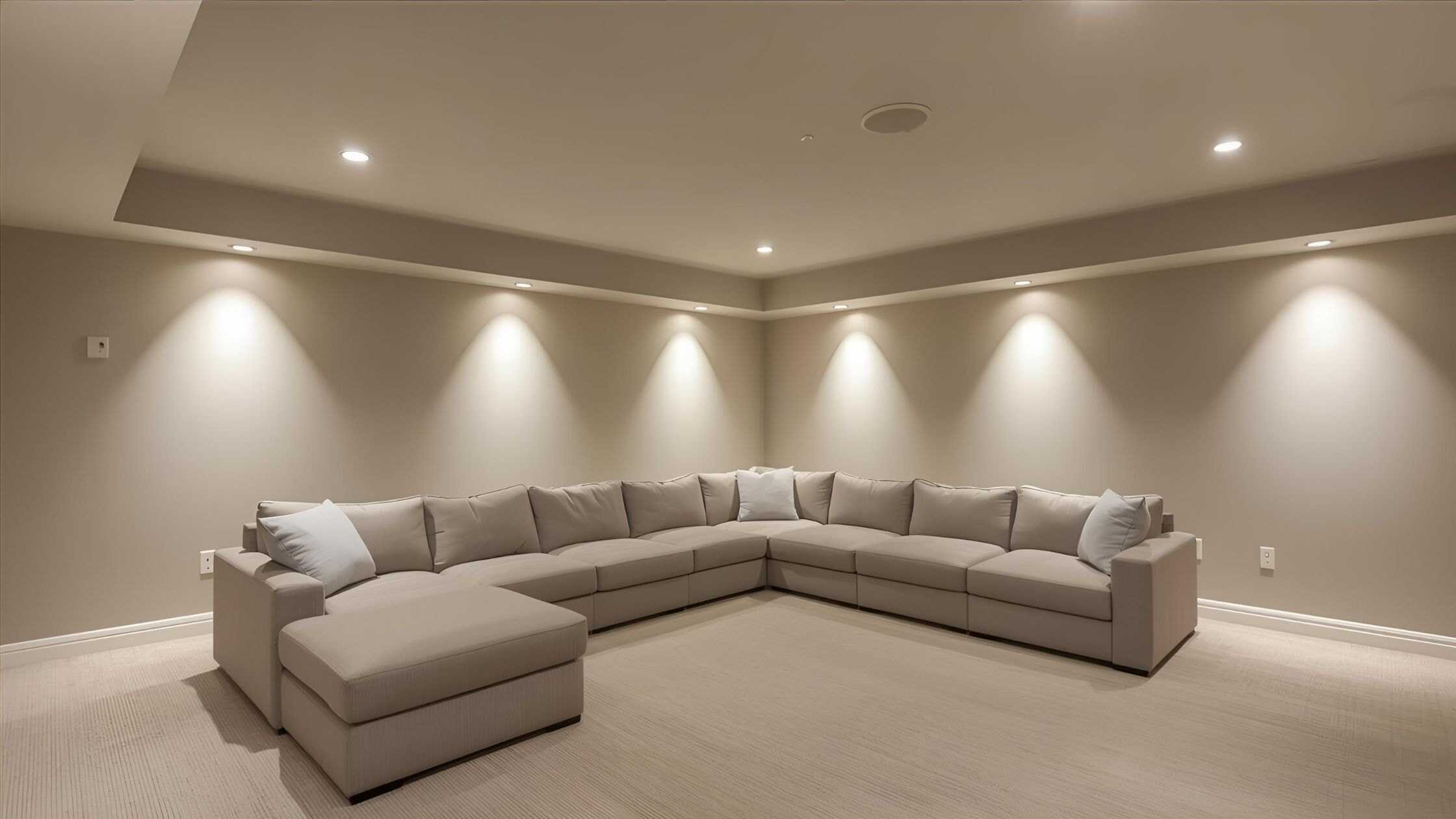 Spacious basement lounge with comfortable sectional sofa and soft lighting.