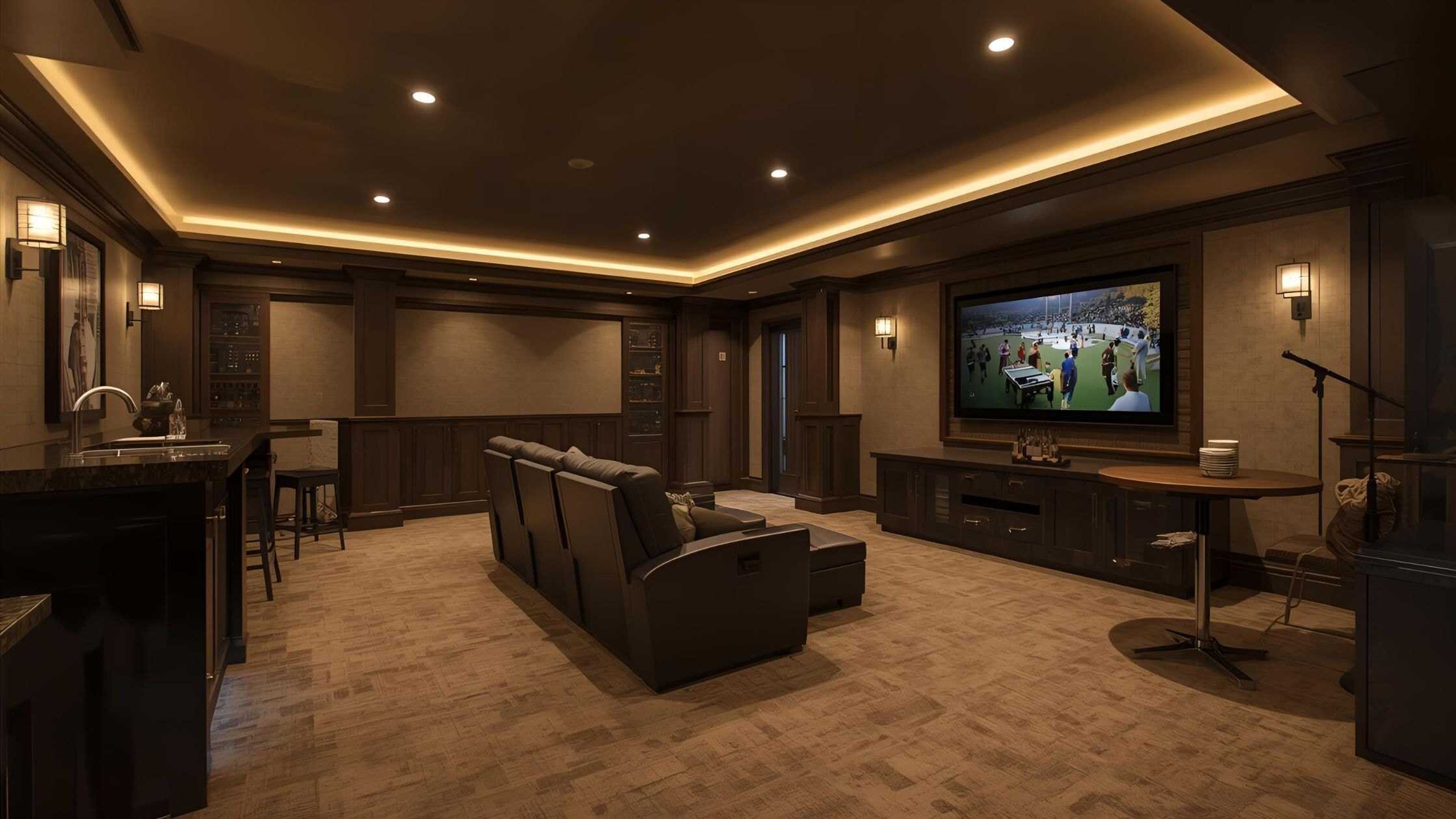 Modern home theater with comfortable seating and large screen for immersive entertainment.