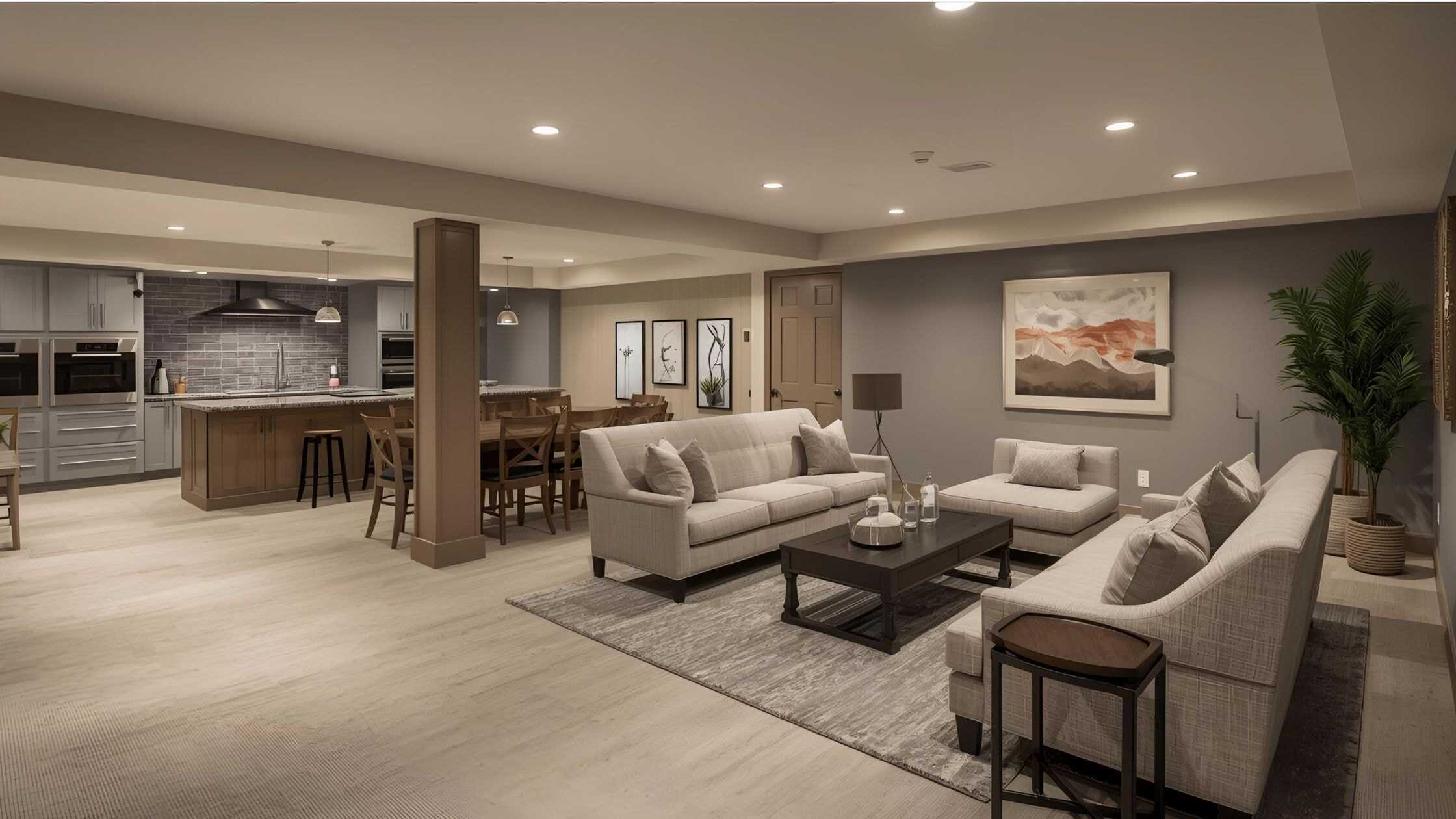 Spacious modern living room with neutral tones, comfortable sofas, and stylish decor.