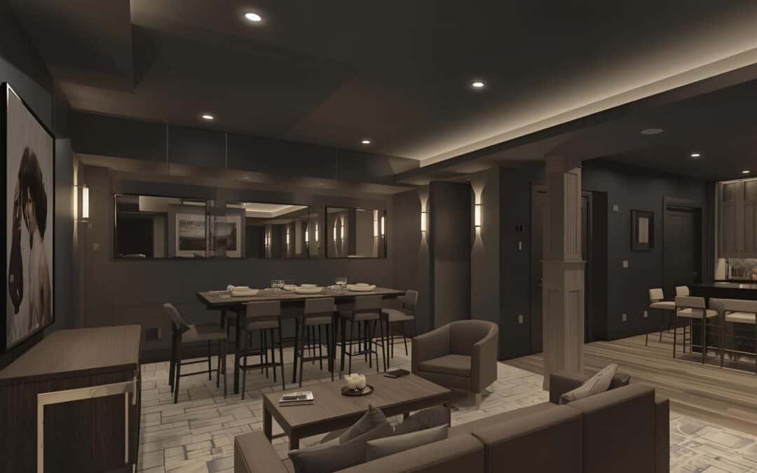 Stylish basement lounge with comfortable seating and modern decor.