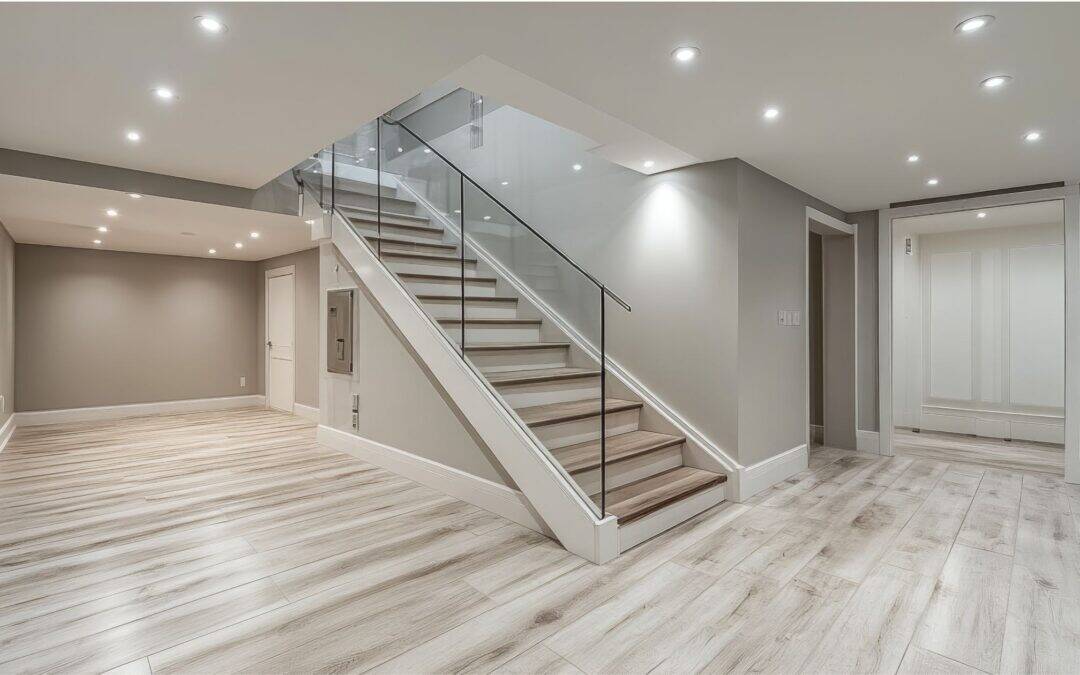 Bright, modern basement with sleek staircase and spacious open layout.