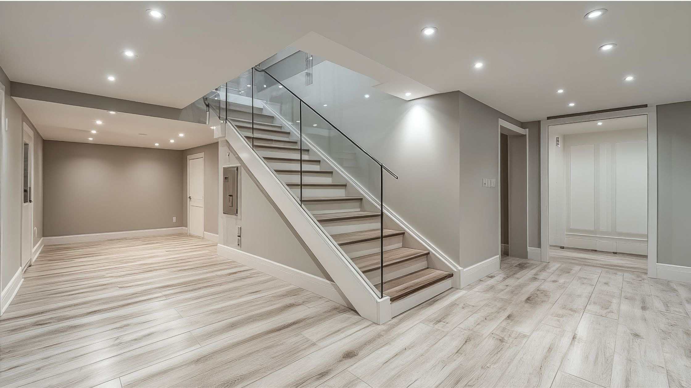 Bright, modern basement with sleek staircase and spacious open layout.