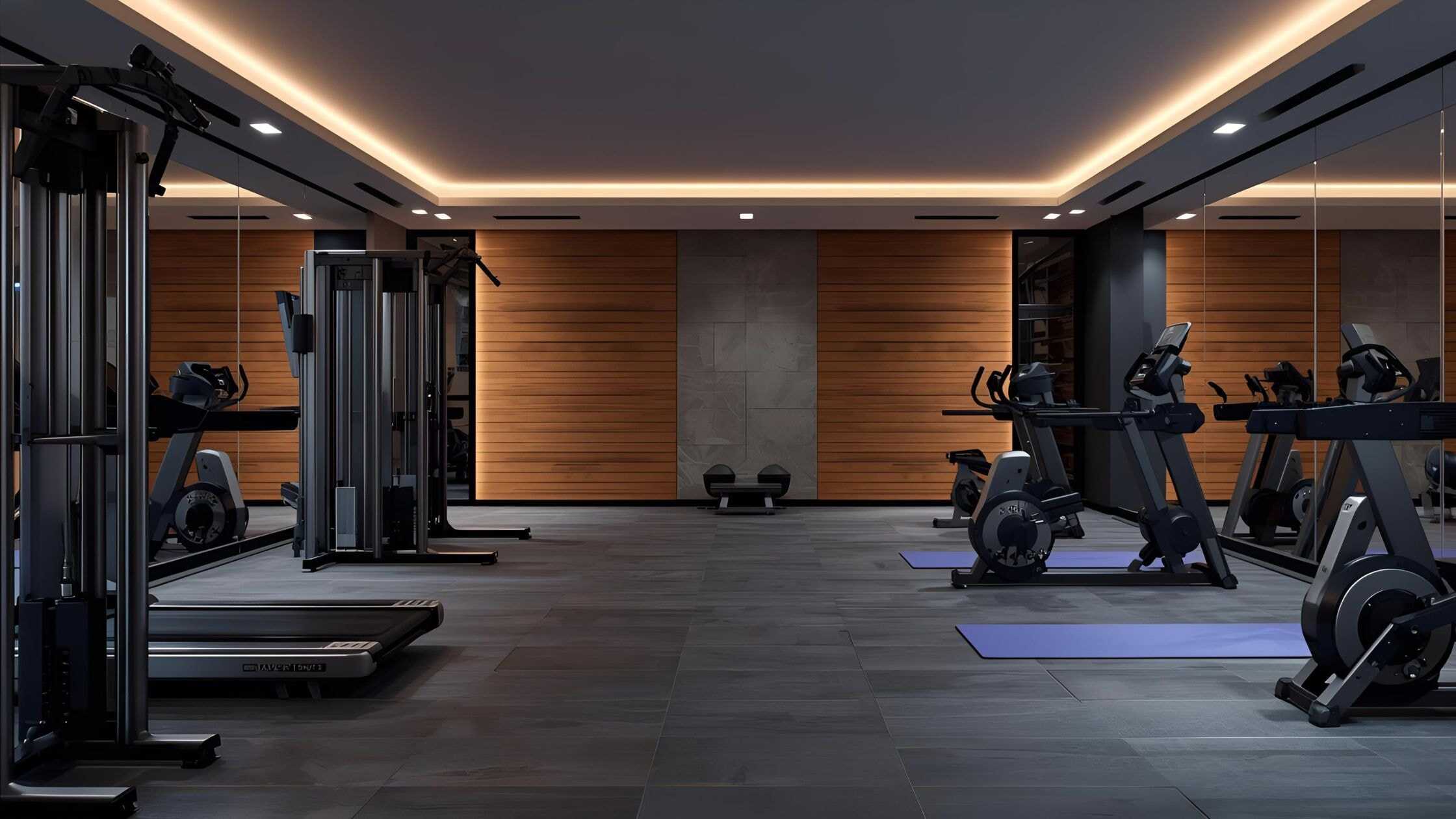 Well-equipped home gym with modern exercise machines and free weights for effective workouts.