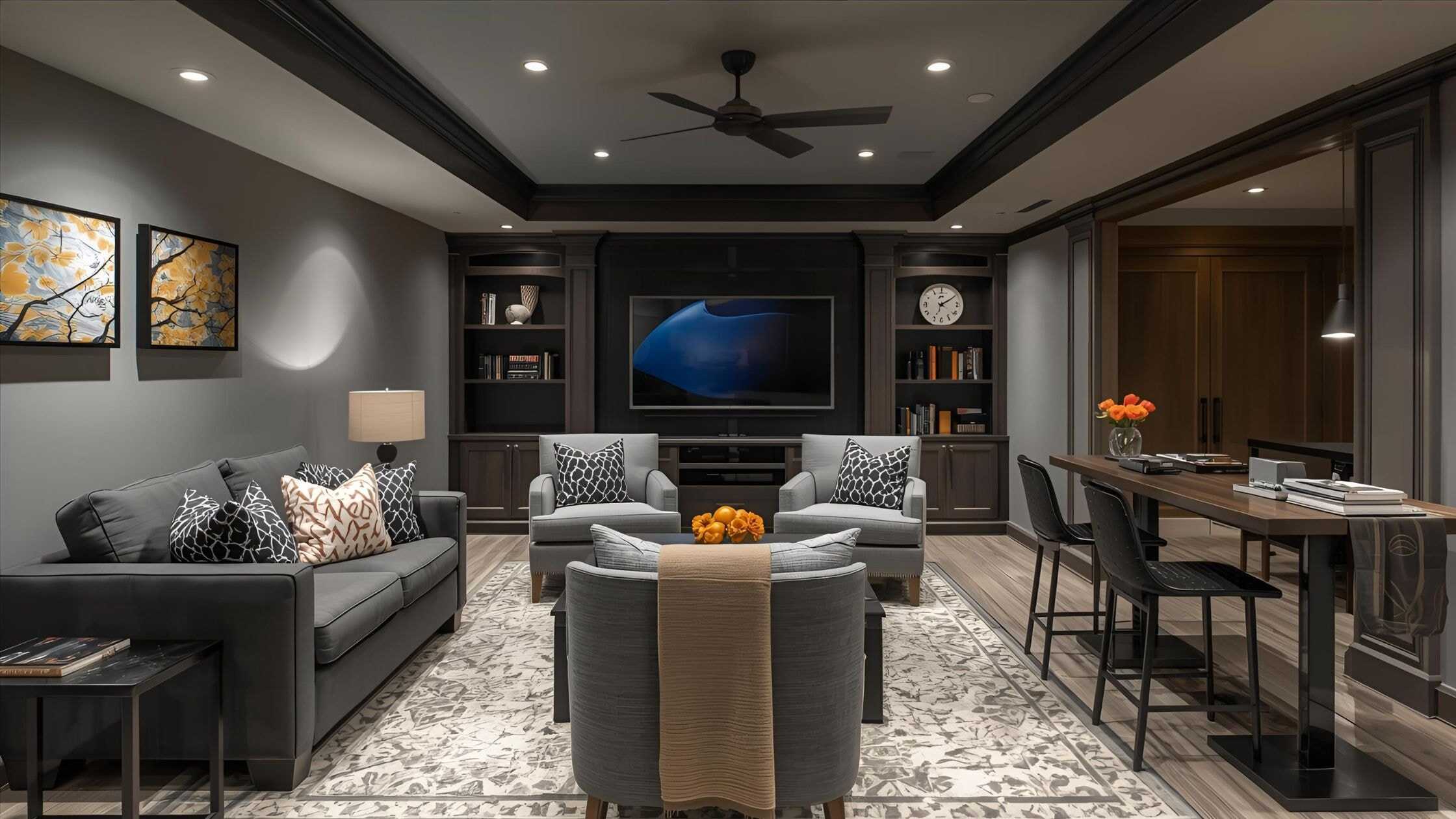 Modern living room with gray sofas, a large TV, and stylish decor for comfortable family gatherings.