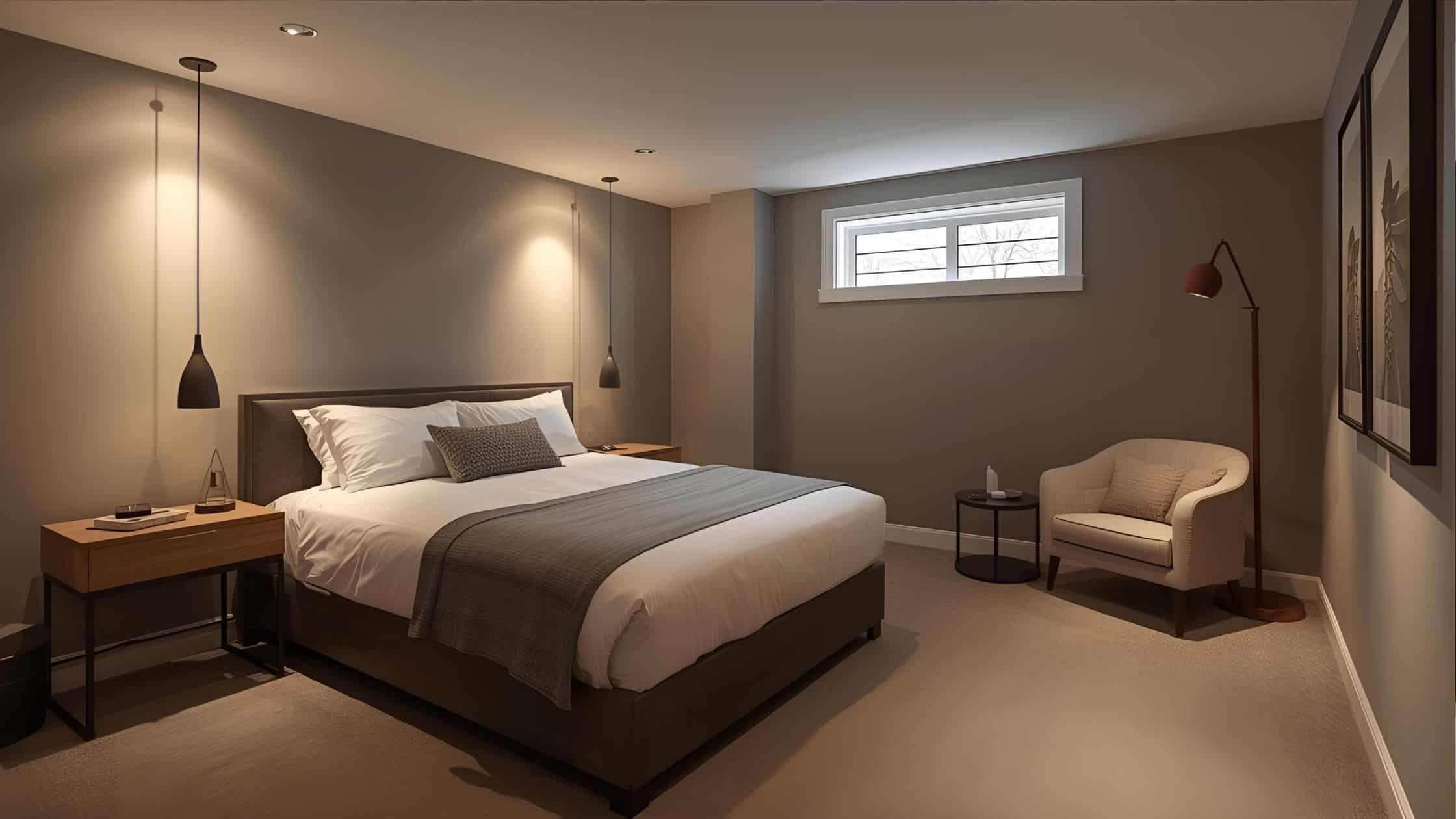 Cozy modern bedroom with neutral tones, stylish lighting, and comfortable furniture.