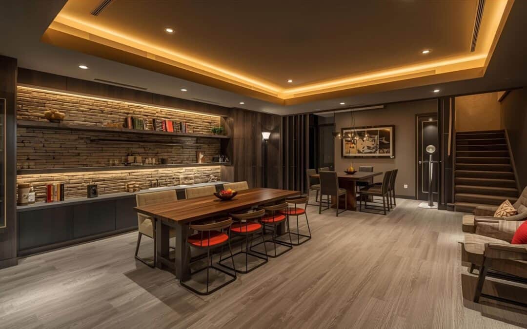 Elegant modern living room with stylish furniture and warm lighting. Perfect for home improvement an.