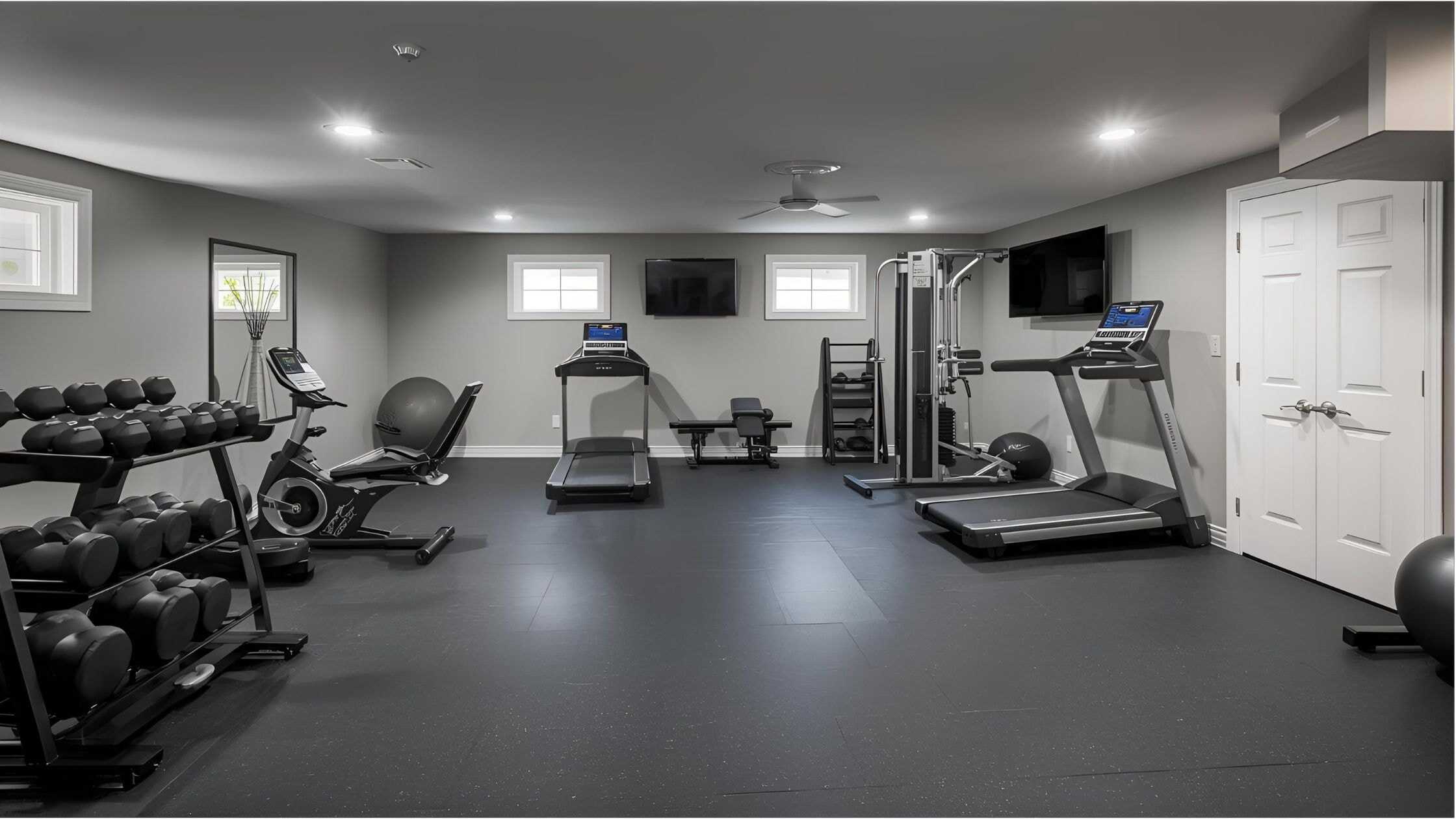 Modern home gym with cardio, weights, and workout equipment for fitness at home.