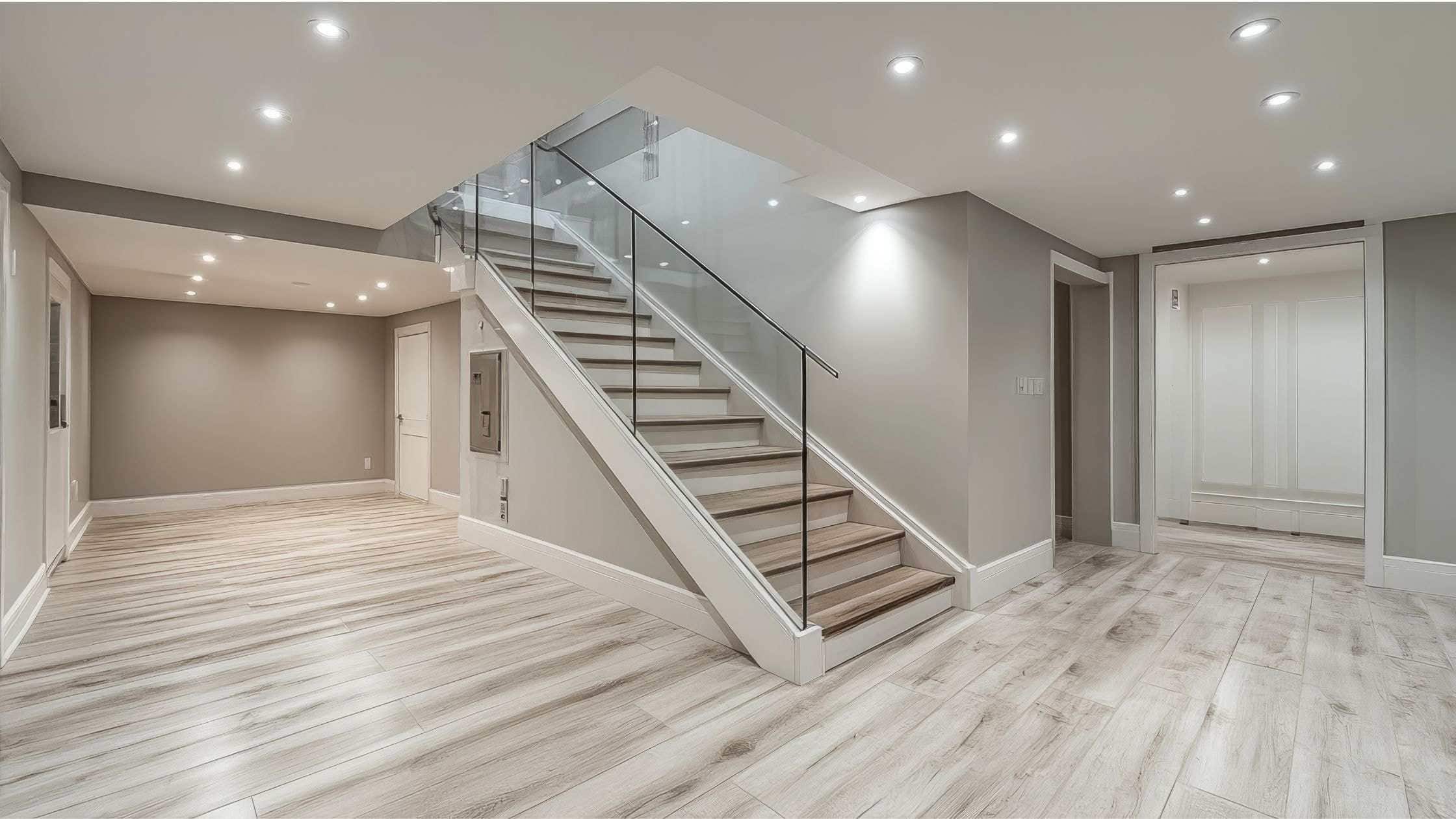 Modern Basement Interior Bright, modern basement with stylish staircase and recessed lighting for a contemporary look.