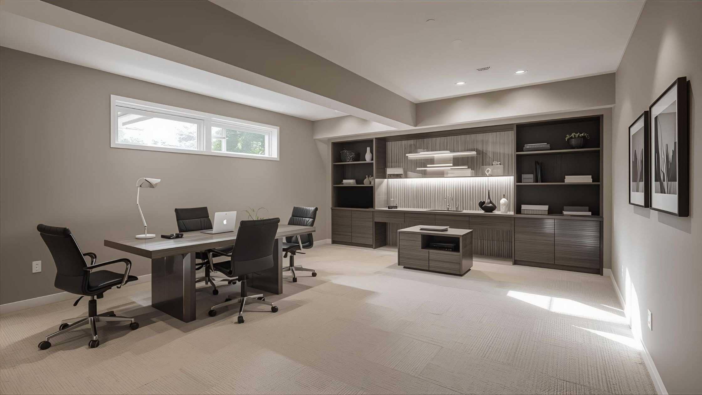 223bd6b4-ce7b-406b-b8ca-21b1dee1c4de Spacious modern basement lounge with neutral tones and recessed lighting.