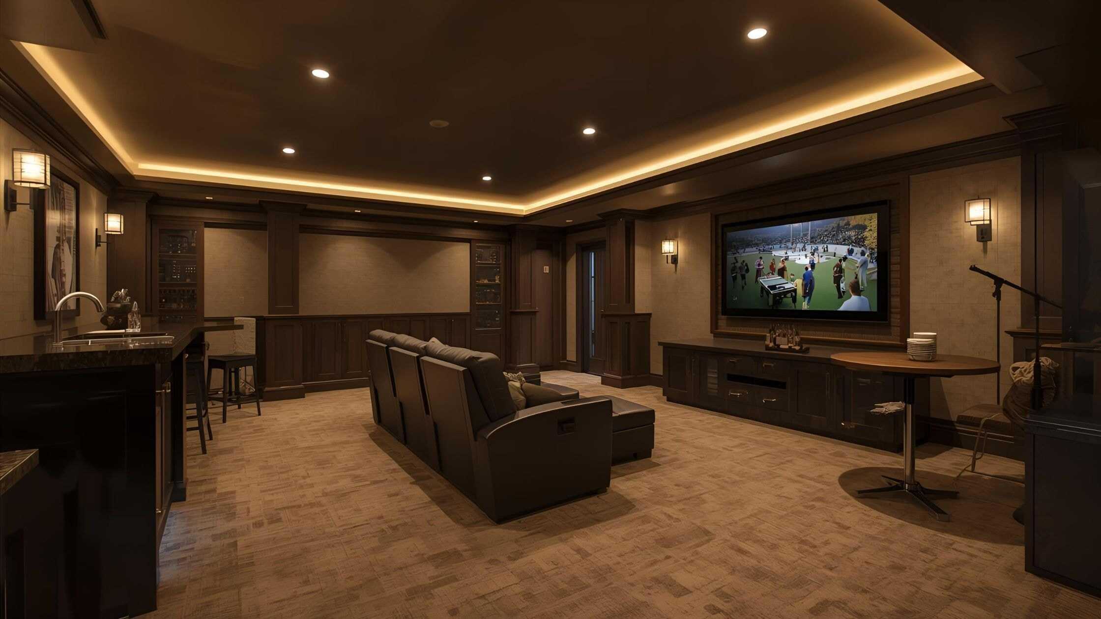 Home Theater Room Modern home theater room with large TV, comfortable seating, and ambient lighting.