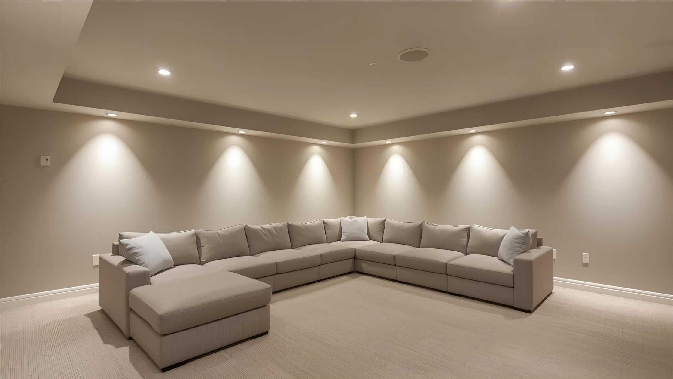 Modern Basement Lounge Spacious modern basement lounge with neutral tones and recessed lighting.