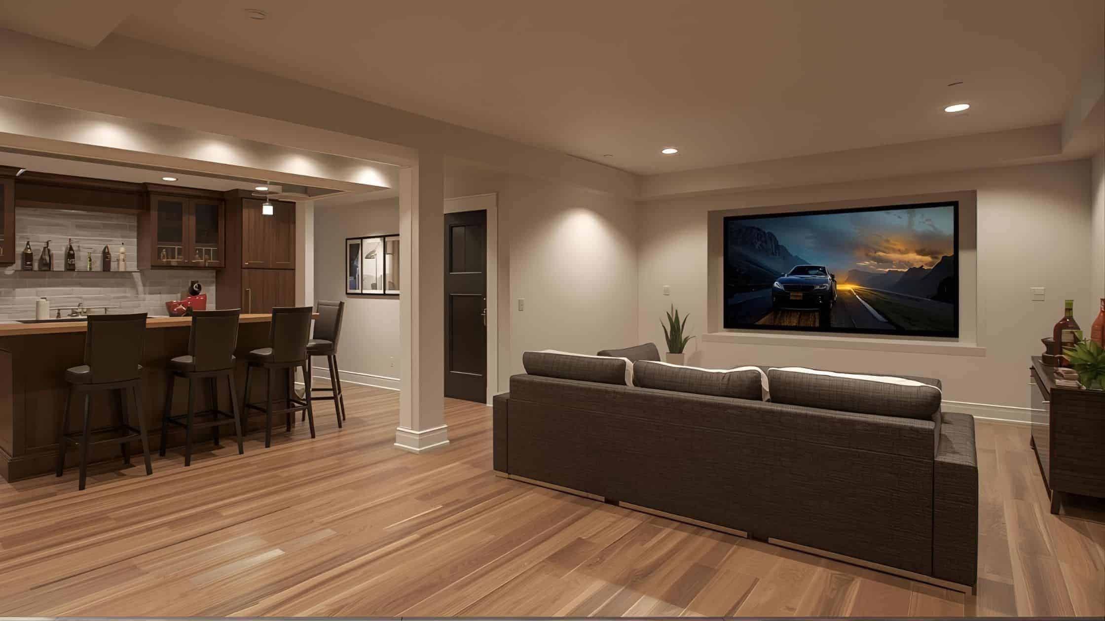 Modern Basement Living Spacious basement living area with a large TV, comfortable sofa, and modern decor.