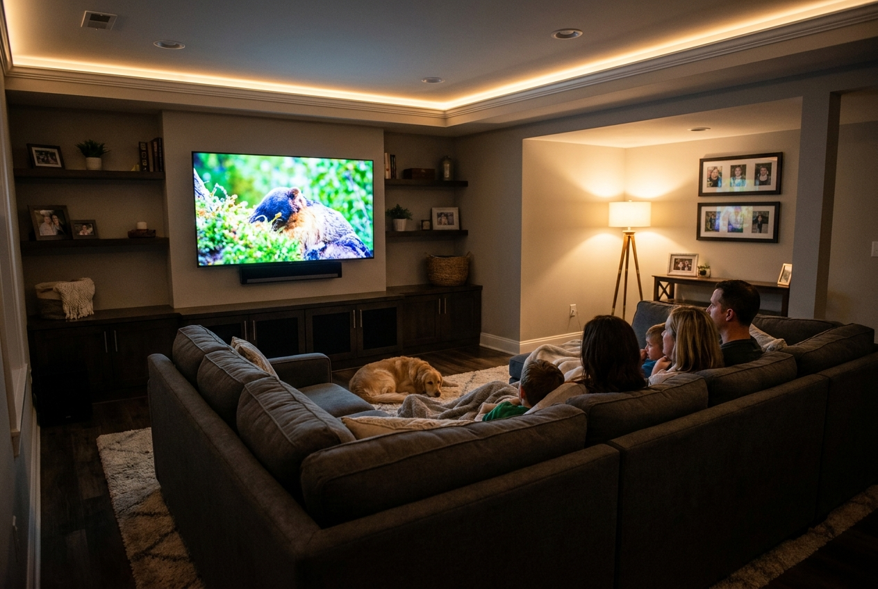Bright, spacious basement with neutral walls, carpet flooring, and staircase with black railing.