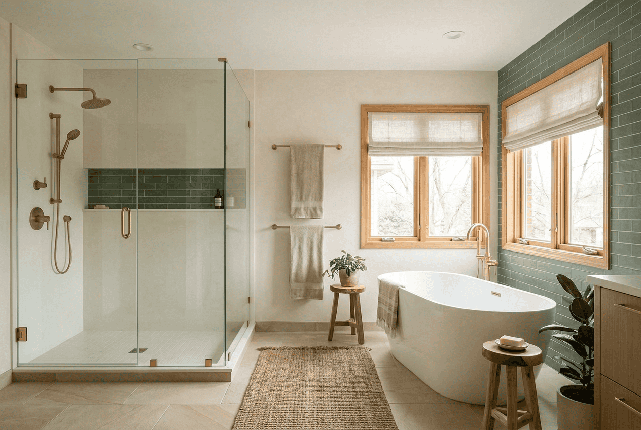 Bright modern bathroom with walk-in shower, bathtub, and large windows for natural light.