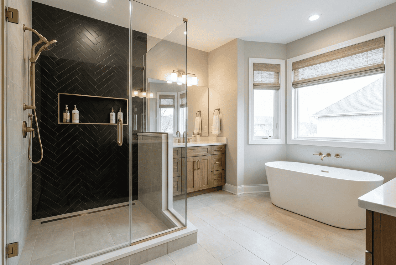 Spacious bathroom with walk-in shower, freestanding tub, and large windows for natural light.