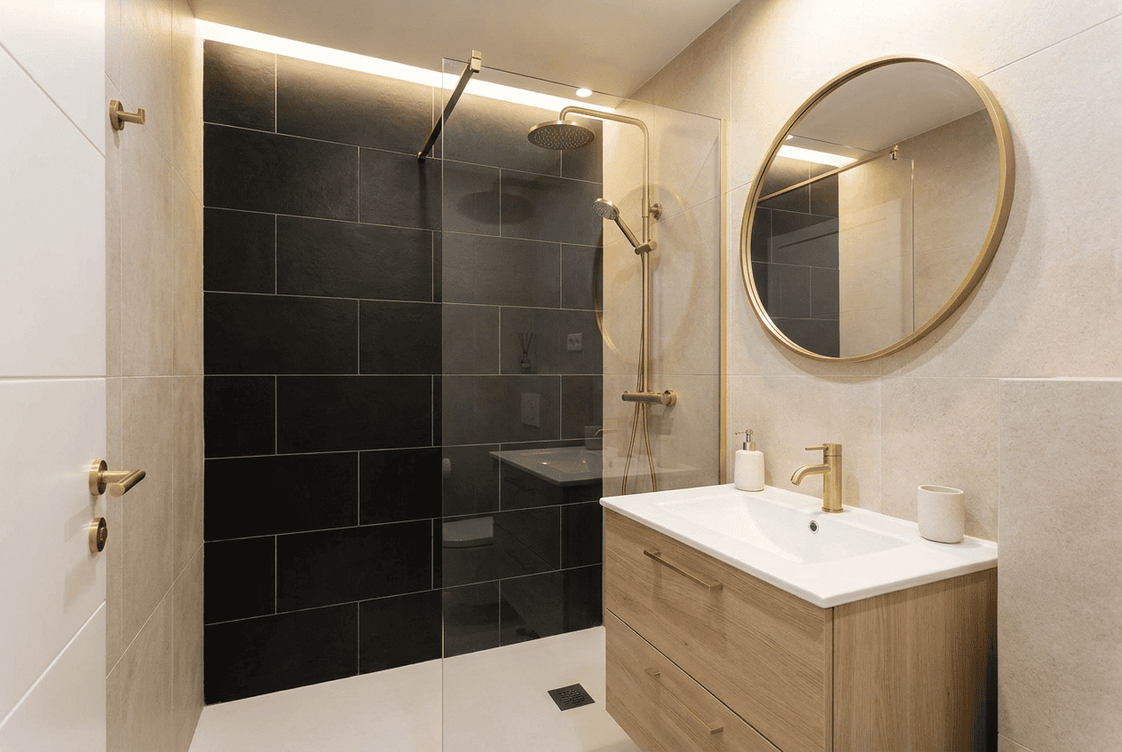 Contemporary bathroom with black tiles, glass shower, and wooden vanity with round mirror.