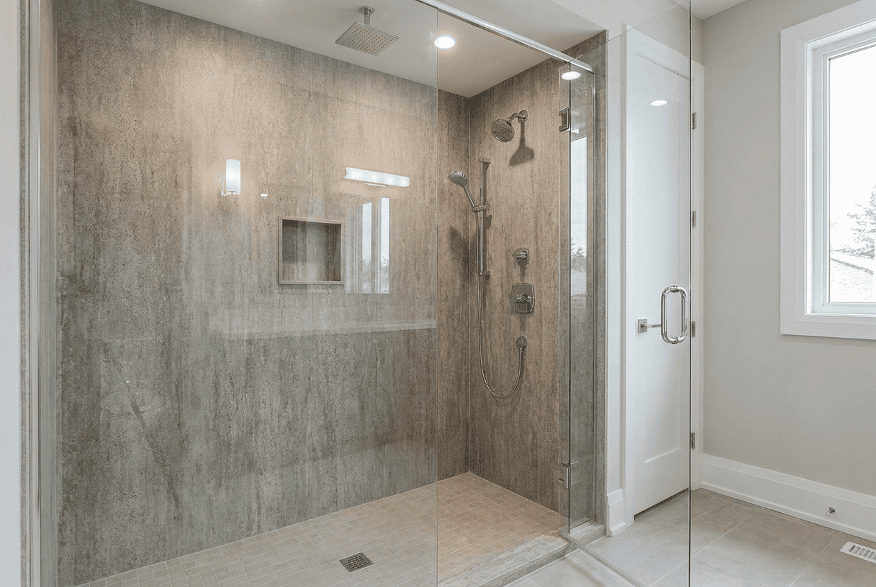 Contemporary walk-in shower with glass enclosure and beige tile walls.