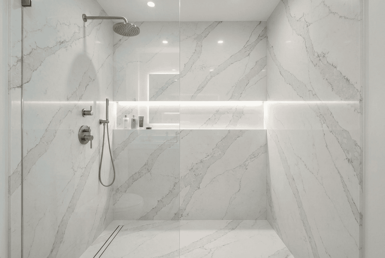 Luxurious marble shower with glass door and sleek fixtures in a modern bathroom.