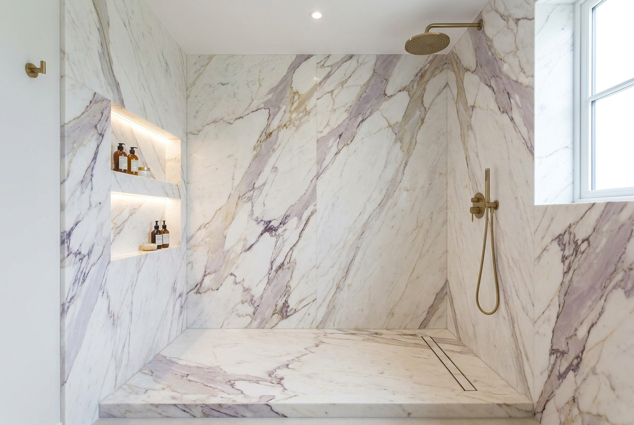 Contemporary walk-in shower with glass enclosure and beige tile walls.