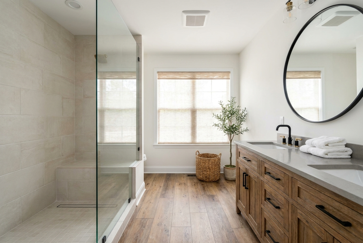 Bright modern bathroom with walk-in shower, wooden vanity, and large window for natural light.