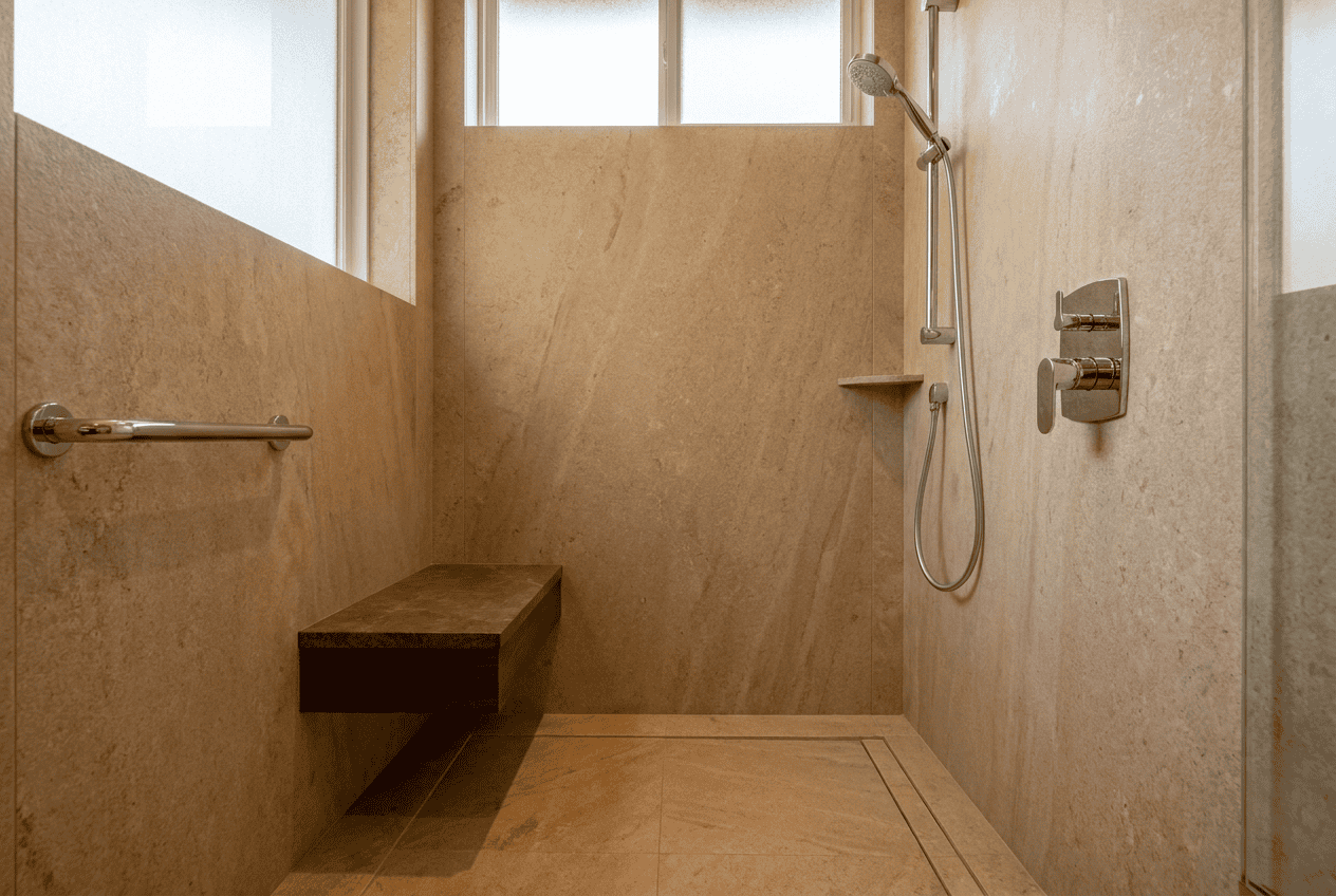 Contemporary walk-in shower with beige tiles, a wooden bench, and a handheld showerhead.